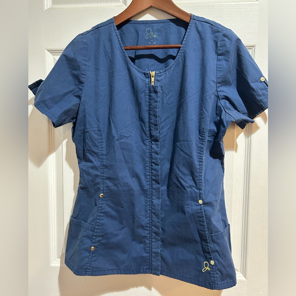 Jaanuu Navy Blue Hidden Zipper Scrub Top size M